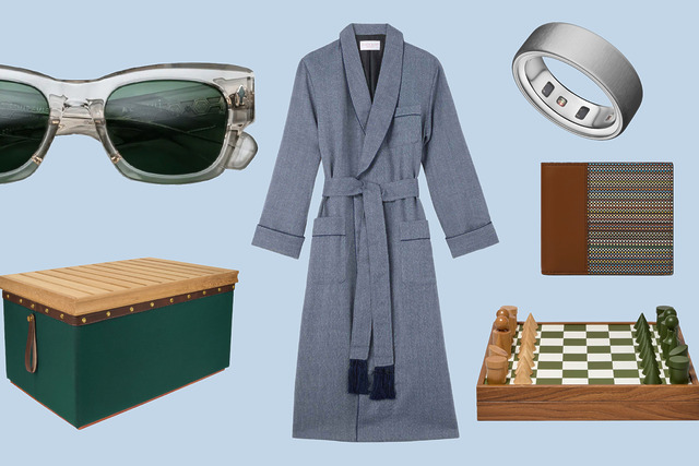 Collage of sunglasses, blue robe, smart ring, storage box, wallet, and chess set on blue background.