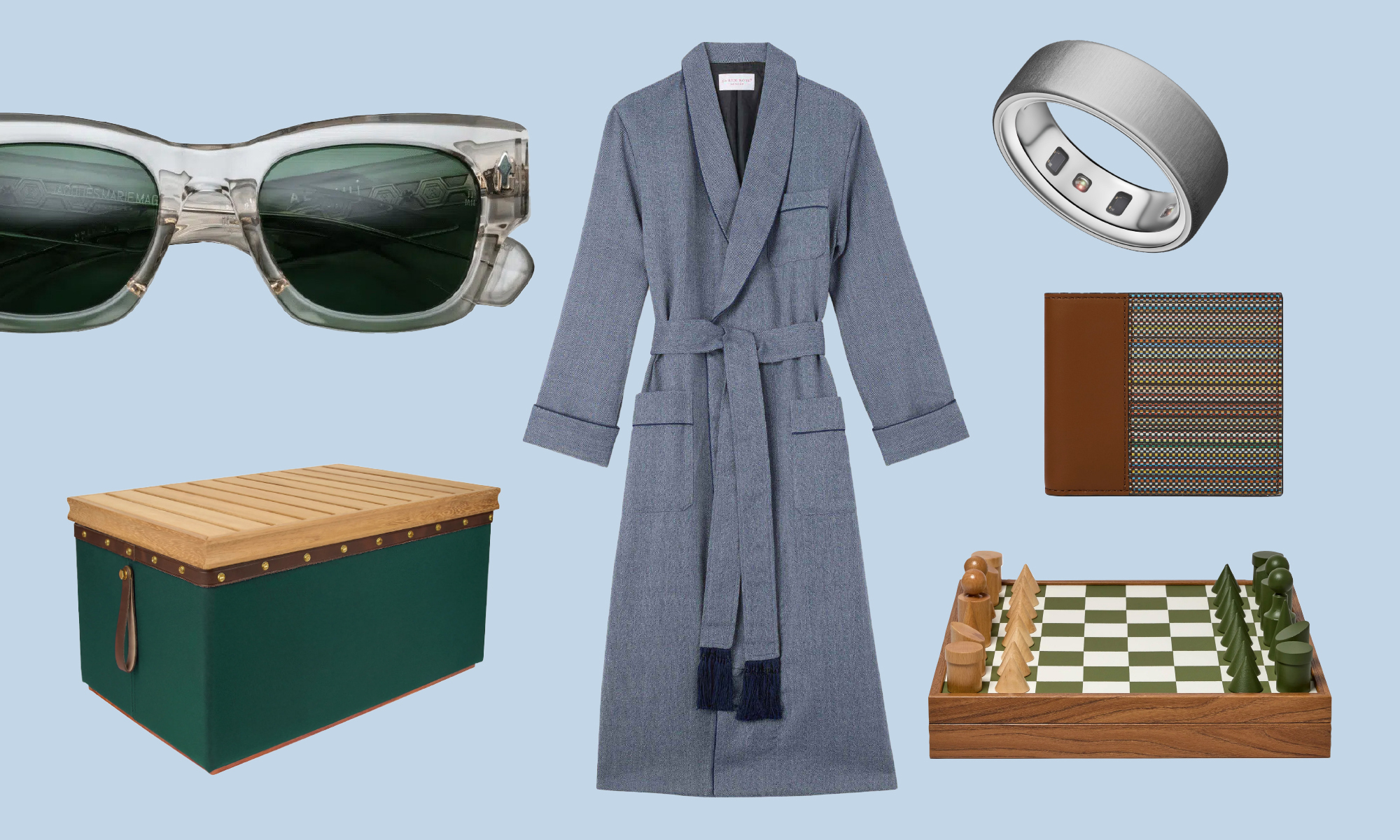 Collage of sunglasses, blue robe, smart ring, storage box, wallet, and chess set on blue background.