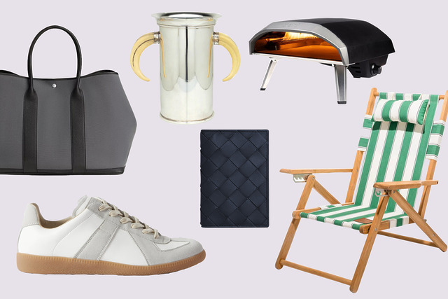 Collage of a gray tote bag, silver ice bucket, pizza oven, white sneakers, woven notebook, and green striped deck chair.