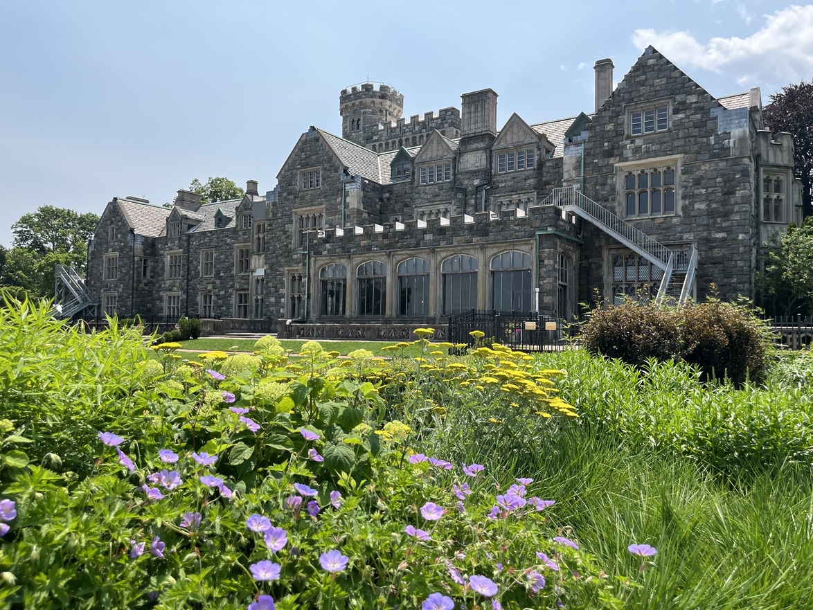 Stone mansion with tower surrounded by lush garden featuring purple and yellow flowers under a clear blue sky.