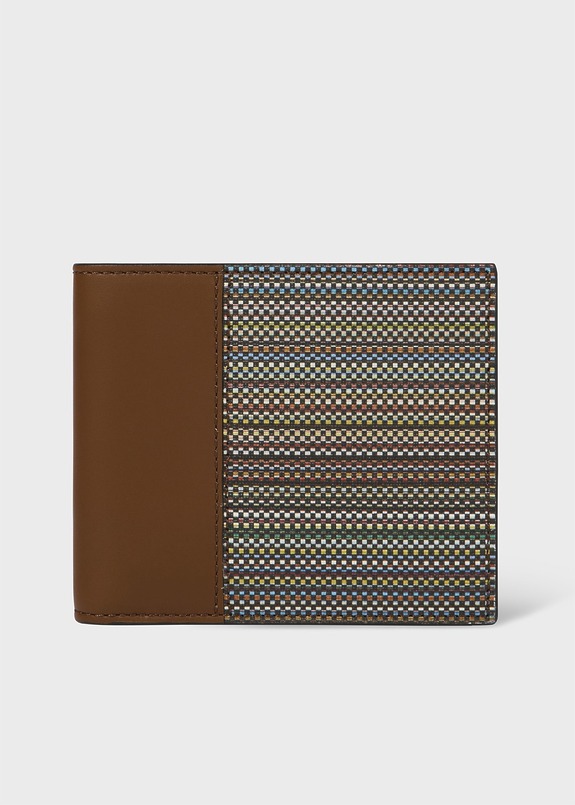 Brown leather wallet with multicolored woven fabric design on a white background.