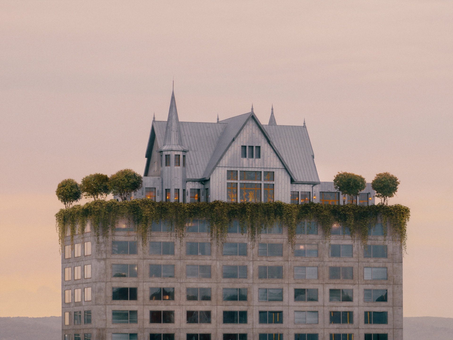 Victorian-style house sitting atop a modern building with lush greenery at sunset sky backdrop