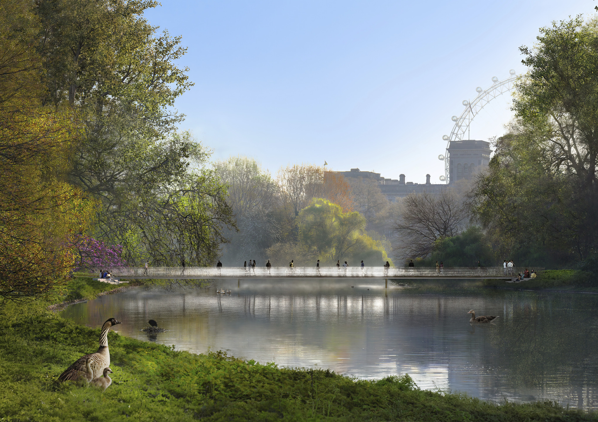 Serene park scene with ducks on a pond, people crossing a bridge, lush trees, and a ferris wheel in the background.