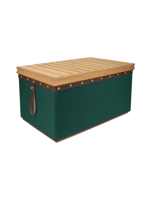 Green and wooden storage box with leather handle, featuring a sturdy construction and decorative brass accents.