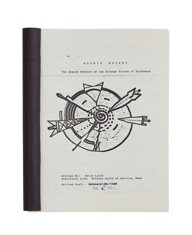 Script cover titled 'Ronnie Rocket: The Absurd Mystery of the Strange Forces of Existence' with a circular mechanical illustration.