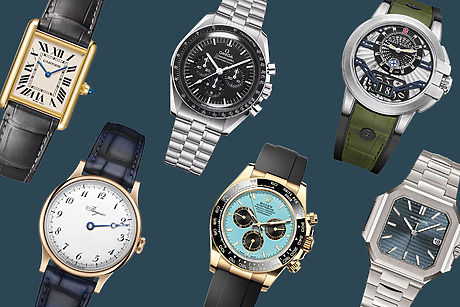 Various luxury men's watches with different designs, including leather and metal bands, arranged on a blue background.