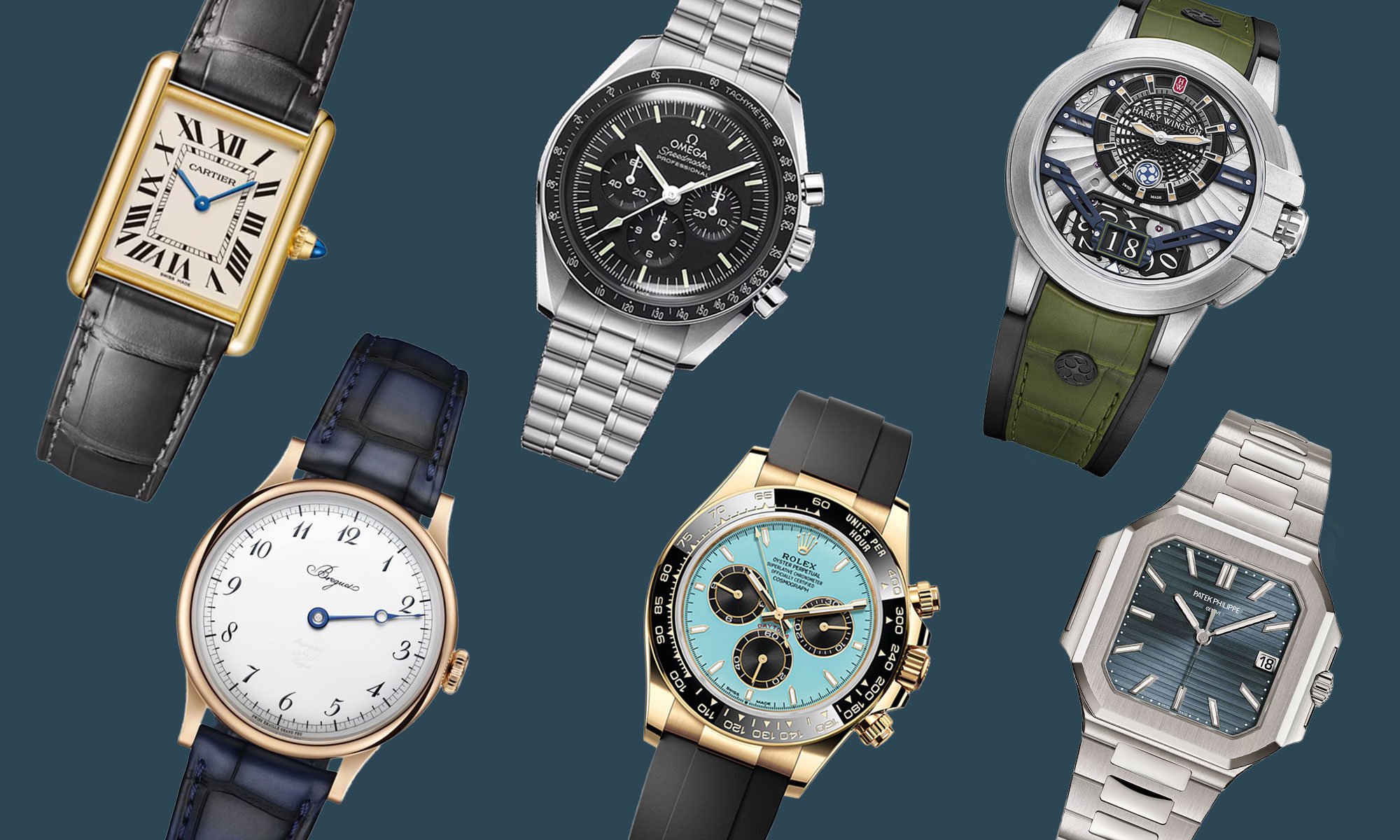 Various luxury men's watches with different designs, including leather and metal bands, arranged on a blue background.