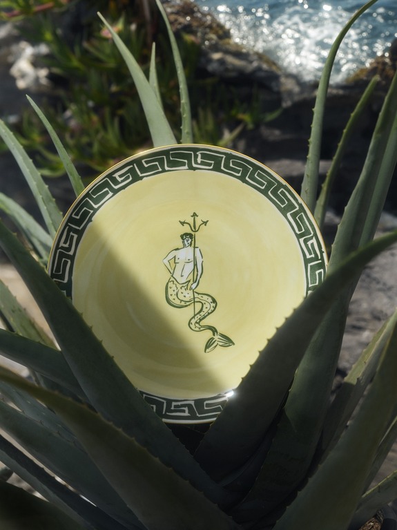 Decorative plate with a mermaid design nestled in agave plant, with a blurred background of rocks and water.