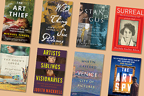 Books arranged in two rows on a light brown background, featuring various artistic and biographical titles with colorful covers.