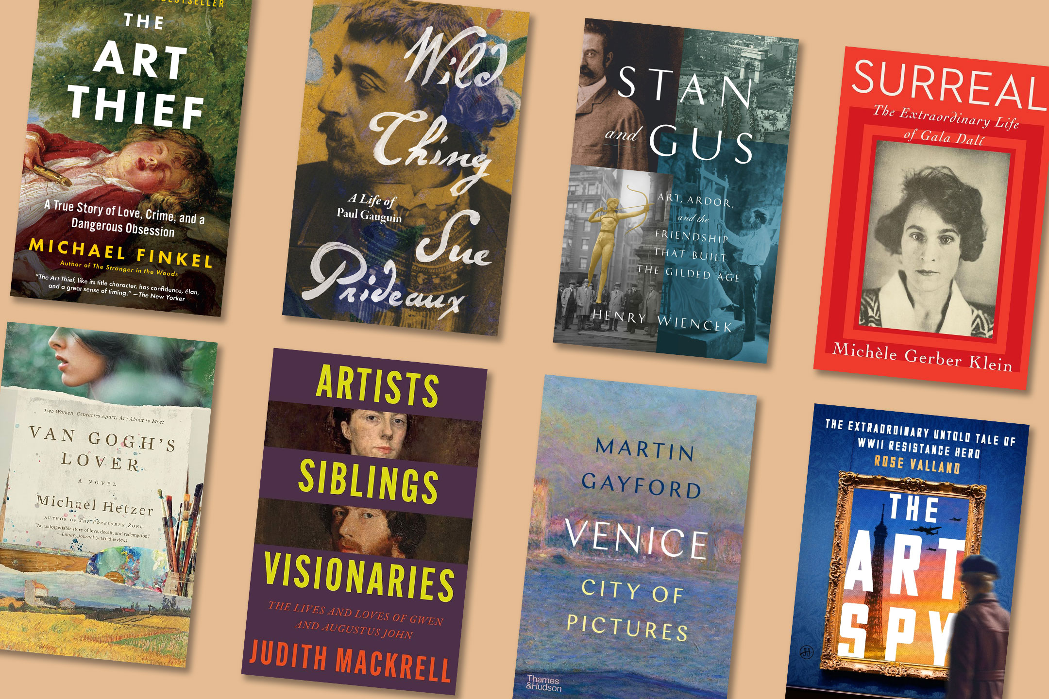 Books arranged in two rows on a light brown background, featuring various artistic and biographical titles with colorful covers.
