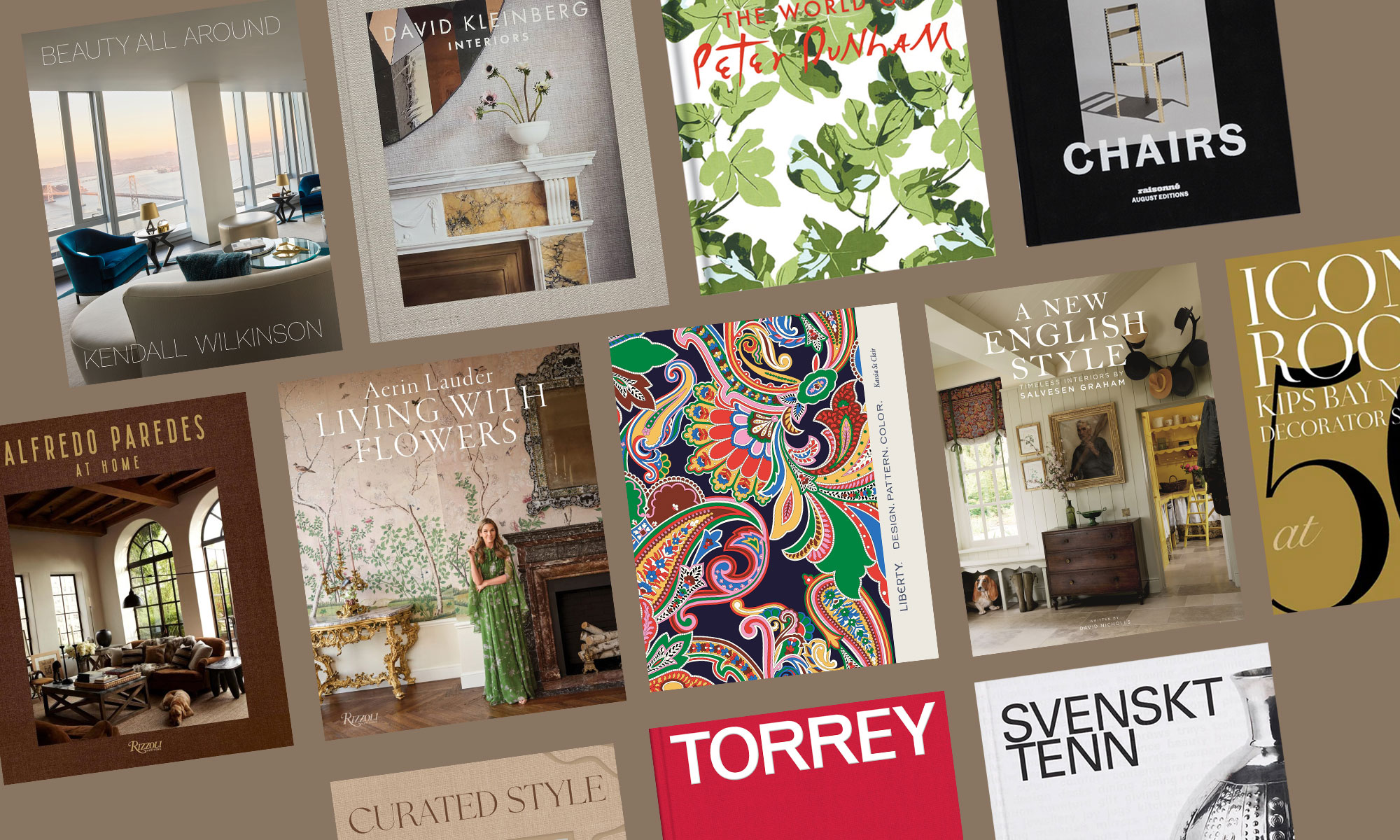 A collage of various colorful interior design book covers displayed on a brown background.