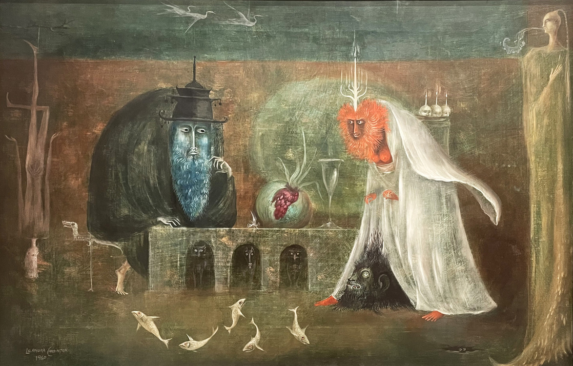 Surreal painting with mystical figures around a table, featuring a heart, small creatures, and abstract elements.