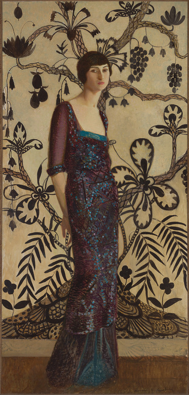 Woman in a patterned dress stands against a decorative floral and vine background, art style reminiscent of early 20th century.