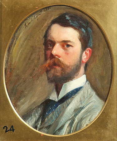 Painting of a man with a beard and suit, set in an oval frame, showing a classic portrait style.