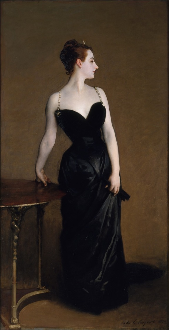 Painting of a woman in a black dress standing beside a table against a neutral background.
