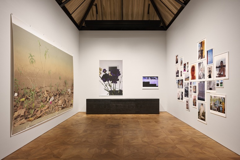 Gallery exhibition featuring various framed photographs on walls with a small black counter in the center.