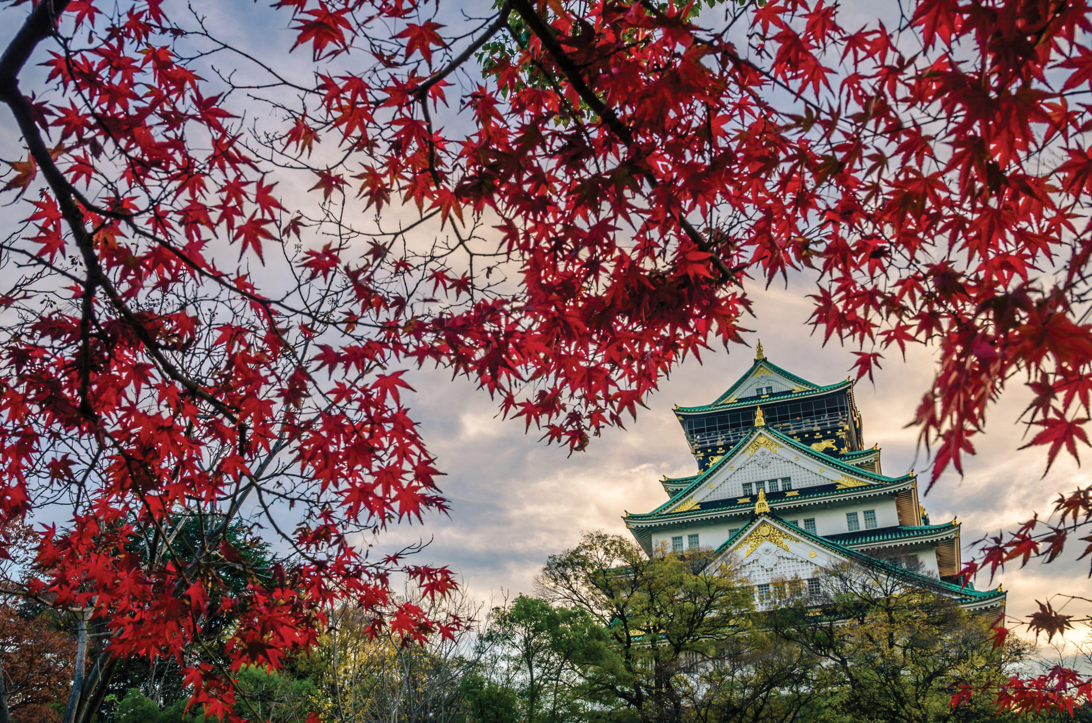 Osaka Castle framed by vibrant red autumn leaves against a cloudy sky.