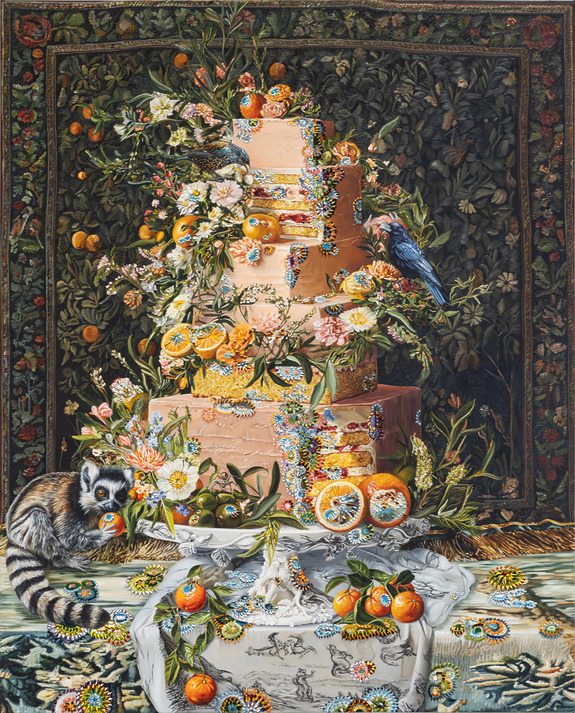 Elaborate cake adorned with fruits and flowers, surrounded by a lemur, bird, and patterned tablecloth in a lush setting.