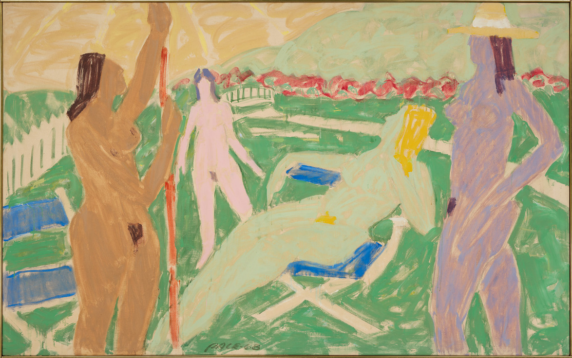 Colorful abstract painting of four nude figures lounging on grass with trees and fence in the background.