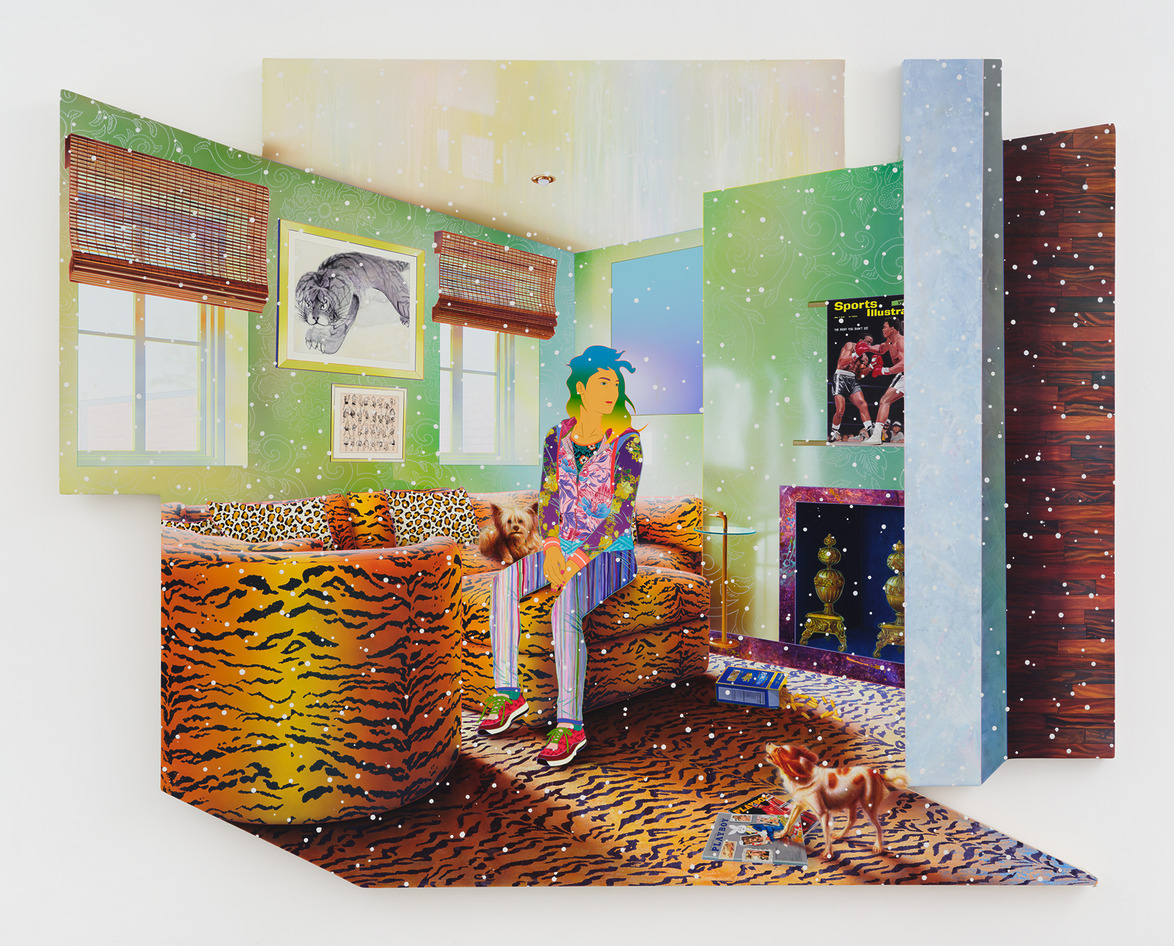 Colorful room with abstract art, a person sitting on a tiger-patterned couch, and a small dog on a patterned floor.