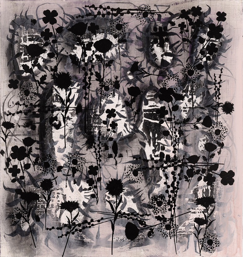 Abstract painting with black floral silhouettes and swirling patterns on a textured, muted background.