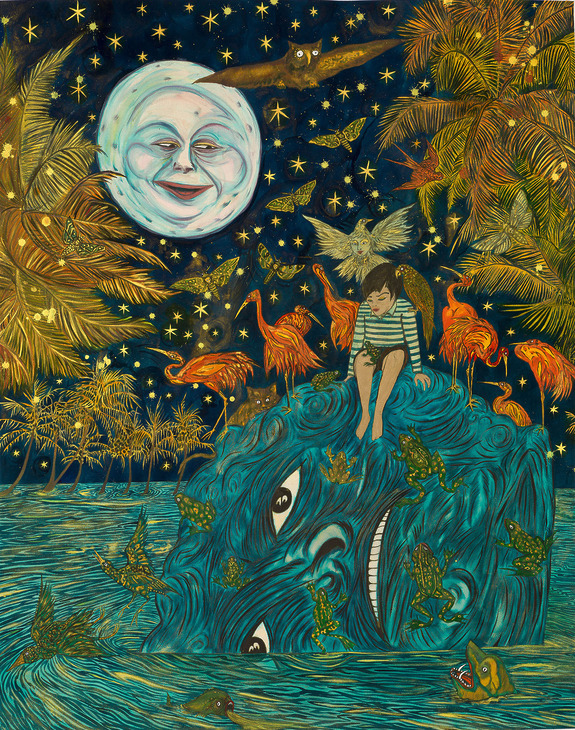 Surreal artwork of a boy sitting on a blue creature surrounded by flamingos and fish under a smiling moon and starry sky