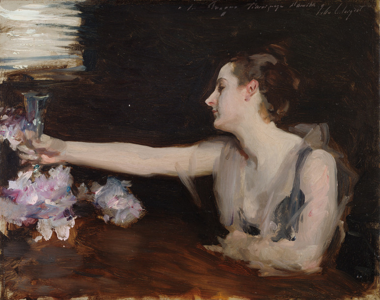Woman in elegant dress holding a glass, surrounded by flowers, painted with rich, dark colors in an impressionistic style.