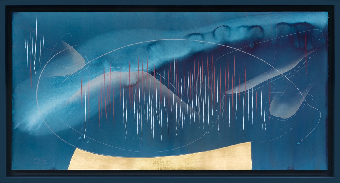 Abstract painting with swirling blue hues, white streaks, red lines, and a gold section at the bottom. Framed in dark border.