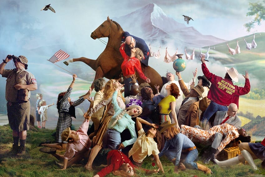 Surreal scene with people and a horse, including a scout, flag, laundry line, and mountain backdrop, creating a chaotic tableau.