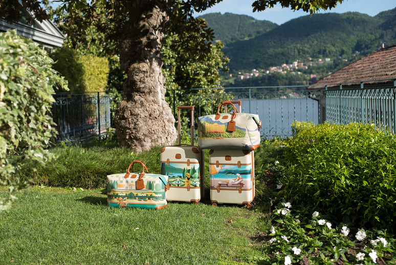 Colorful suitcases and bags with vintage designs placed on a grassy garden with trees and hills in the background.