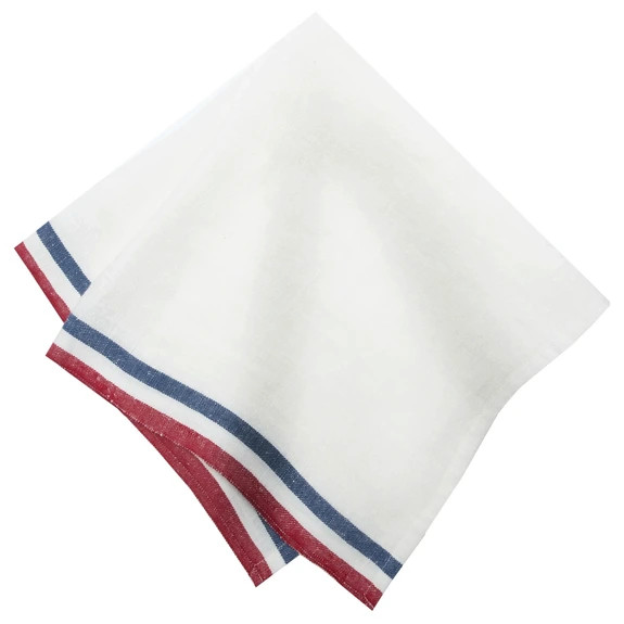 White cloth napkins with red and blue striped edges, neatly folded and overlapping on a white background.