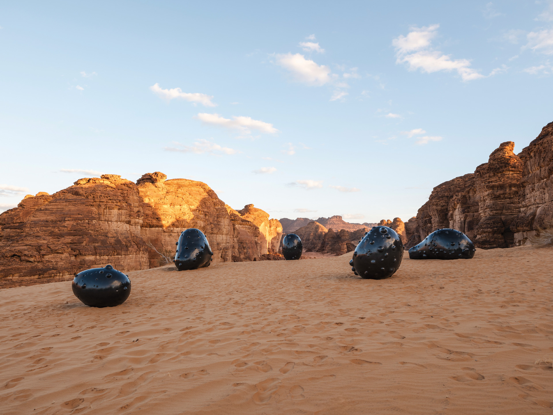 Outdoor art installation with large black sculptures on a sandy landscape surrounded by rocky cliffs under a blue sky.