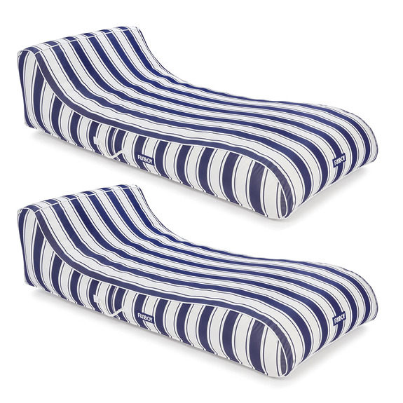 Two blue and white striped inflatable lounge chairs on a white background.
