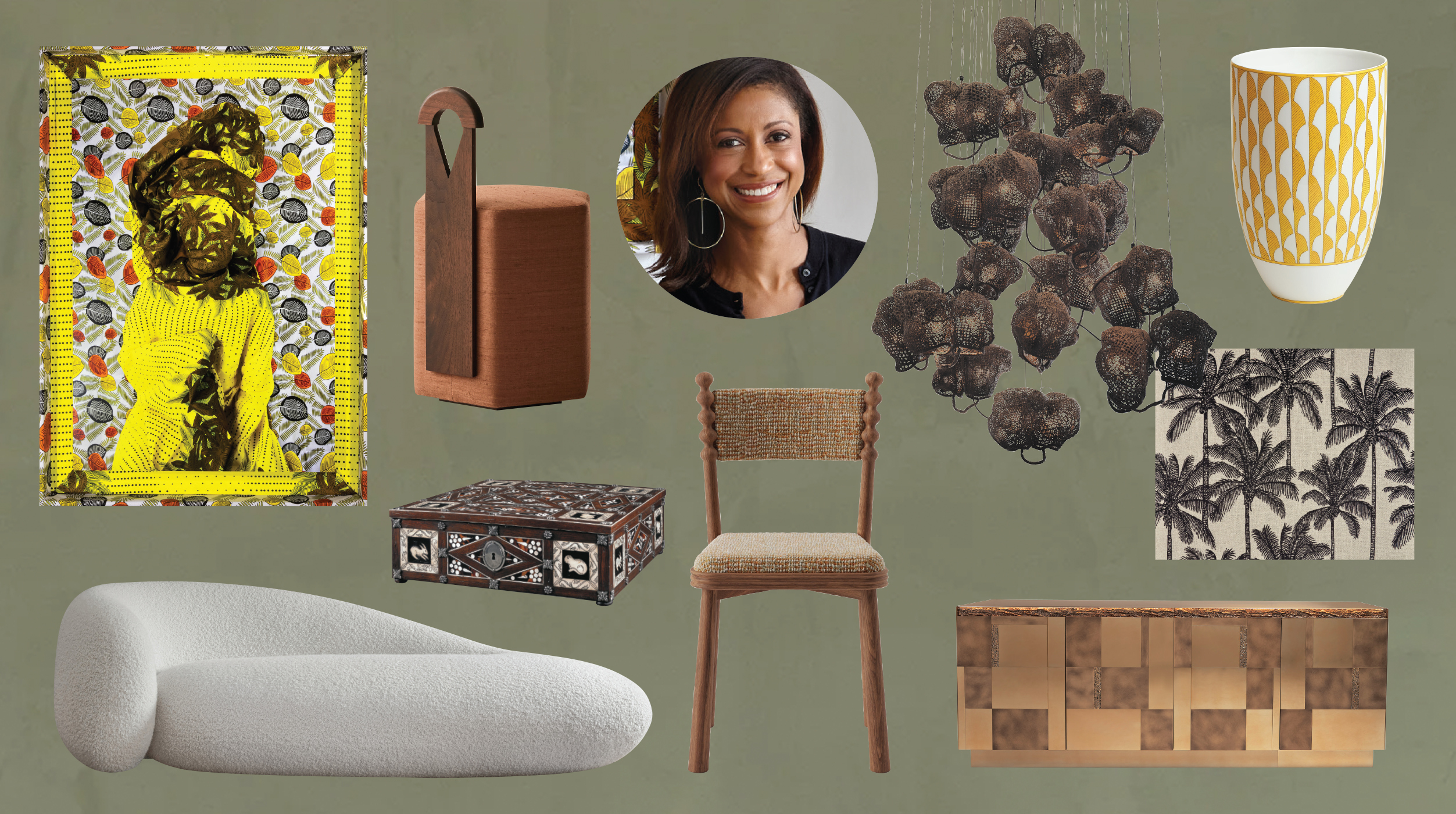 Collage of various home decor items including a chair, framed art, vase, and pattern designs arranged on a green background.
