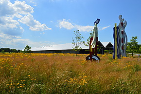 Outdoor art installation with colorful sculptures in a field of wildflowers under a bright, cloudy sky.