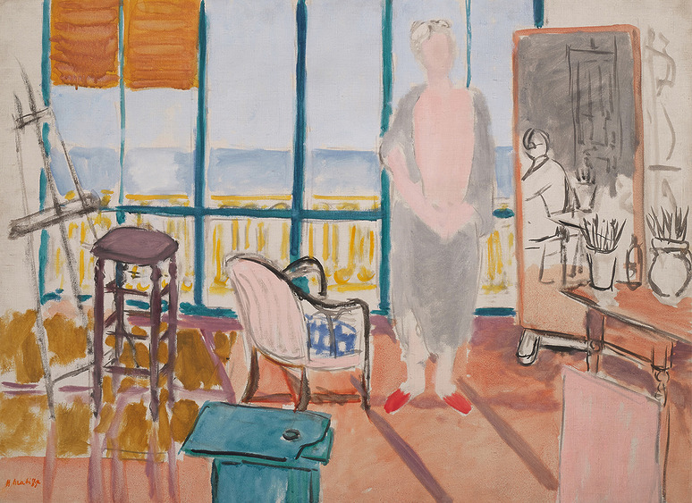 Abstract painting depicts an artist's studio with a figure, easel, chair, and ocean view through large windows.