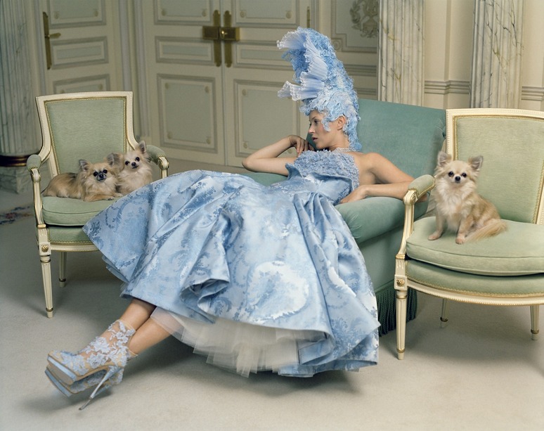 Woman in an elaborate blue dress and hat lounging on a chair, surrounded by three small dogs, in an elegant room.