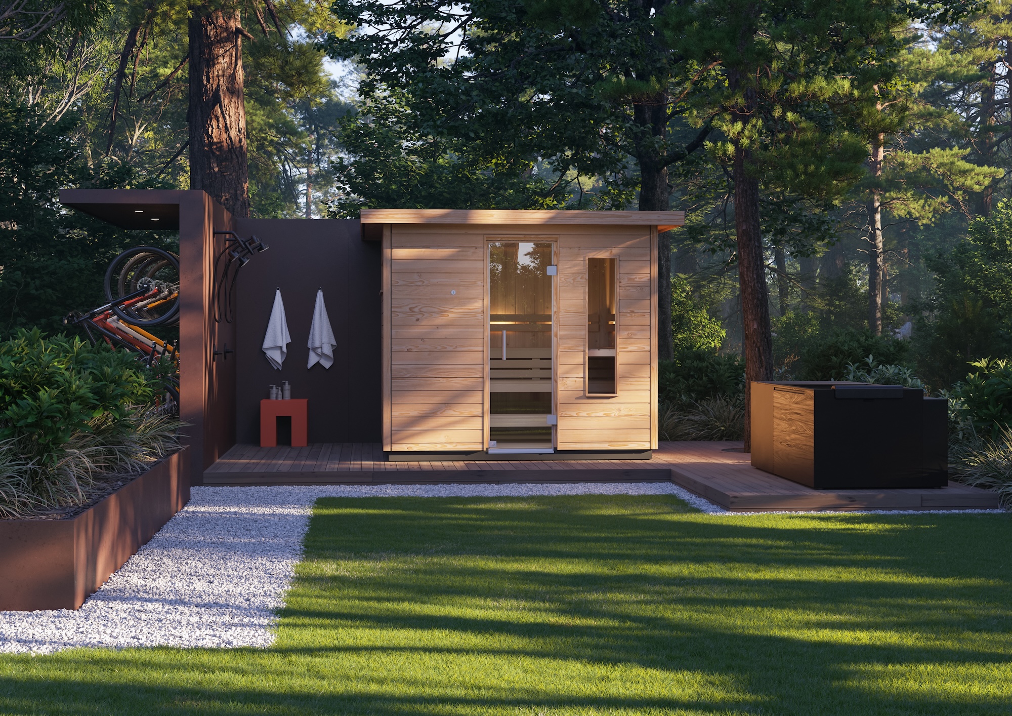 Modern wooden sauna with glass door in a lush garden setting, surrounded by trees and greenery, with bicycle storage nearby.