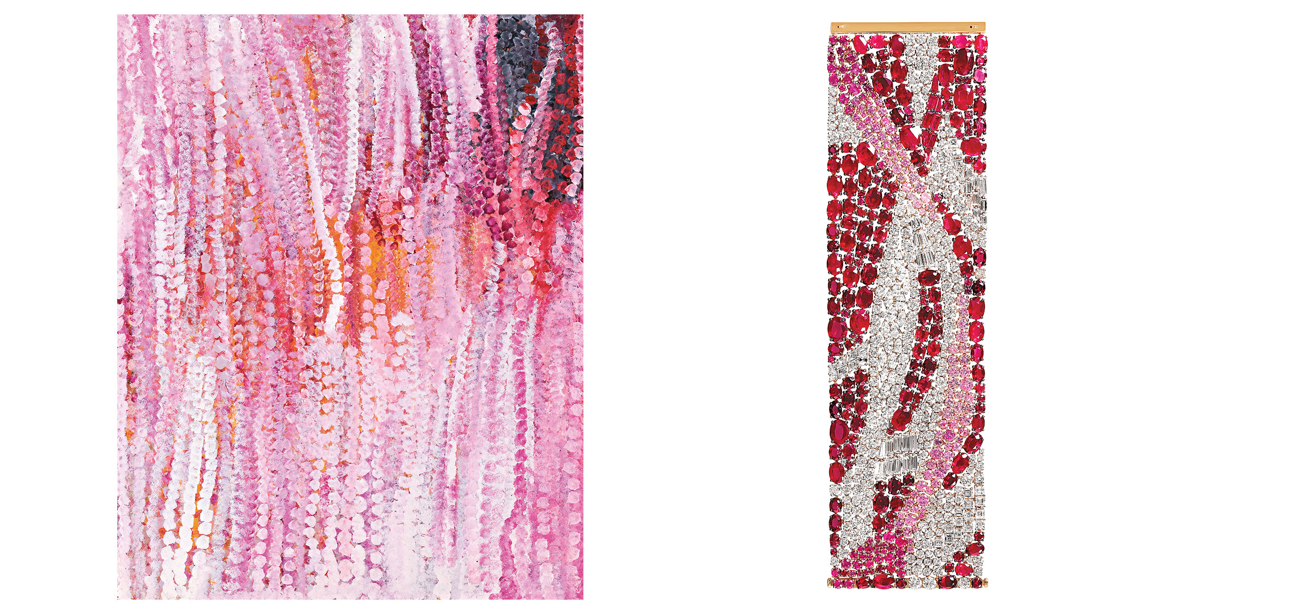 Left: Abstract pink and red textured painting. Right: Vertical beaded artwork with red, pink, and silver beads.