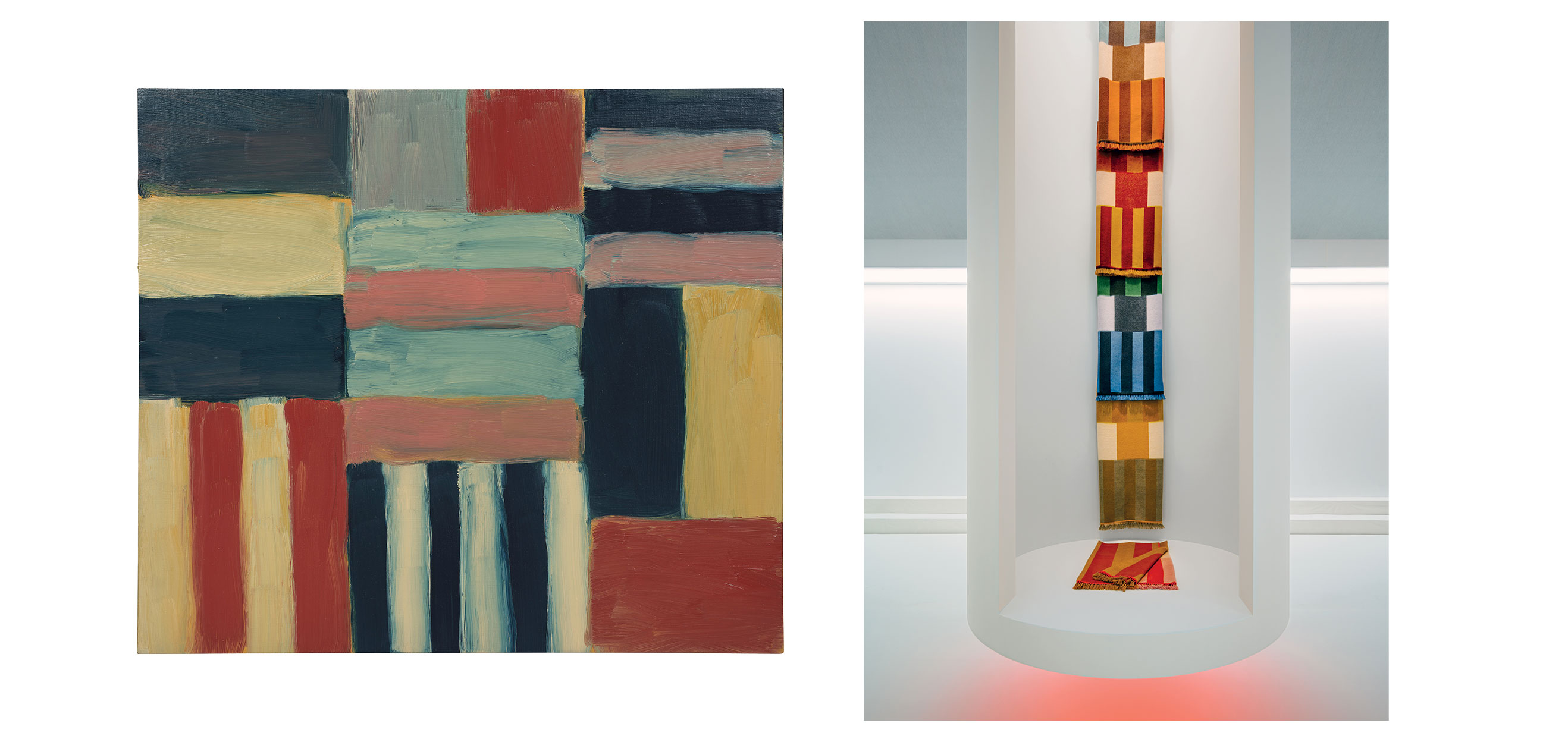 Abstract artwork with geometric patterns and stripes in various colors, next to a vertical display of colorful fabric strips.