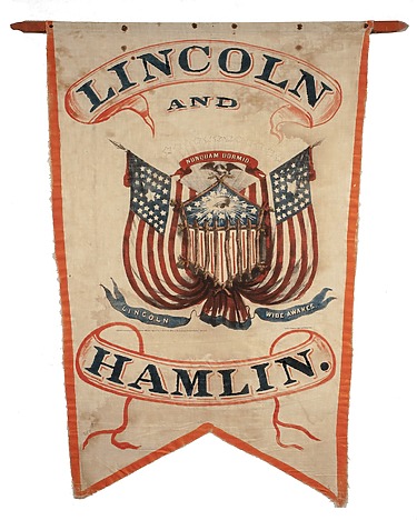 Vintage banner with text "Lincoln and Hamlin" featuring American flags and an eagle emblem.