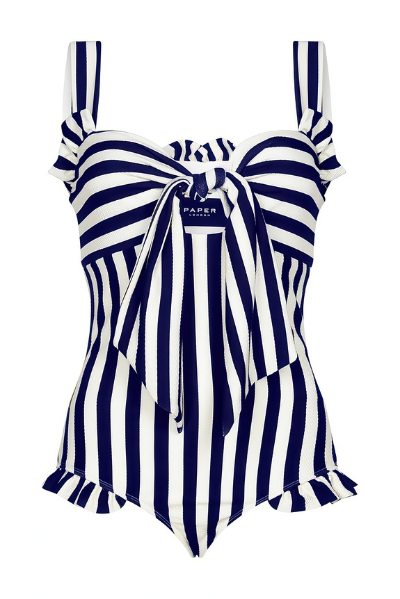 Striped navy and white one-piece swimsuit with ruffled hem and bow detail on front.