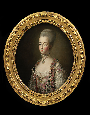 Portrait of an 18th-century aristocratic woman in elegant attire, set in an ornate gold oval frame against a dark background.