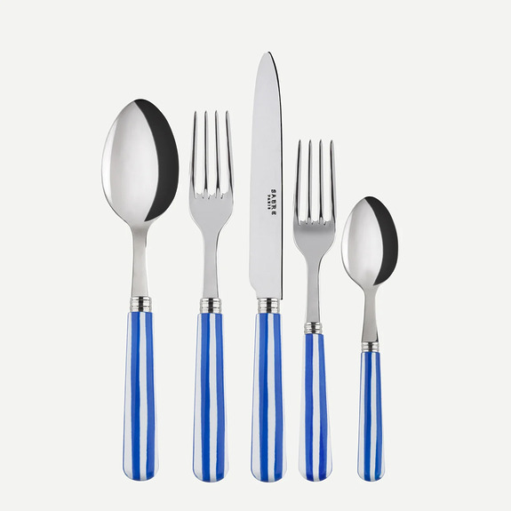Blue and white striped handle cutlery set including a knife, fork, spoon, teaspoon, and dessert fork.
