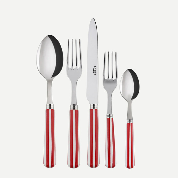 Set of five stainless steel utensils with red and white striped handles, including a spoon, knife, forks, and teaspoon.