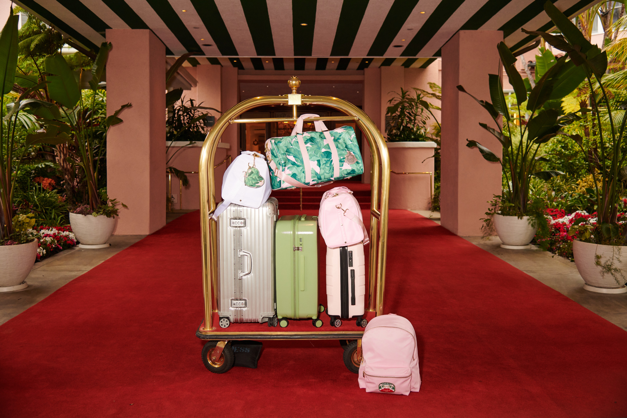 Luggage cart with assorted bags and suitcases standing on a red carpet in front of a hotel entrance with striped awning.
