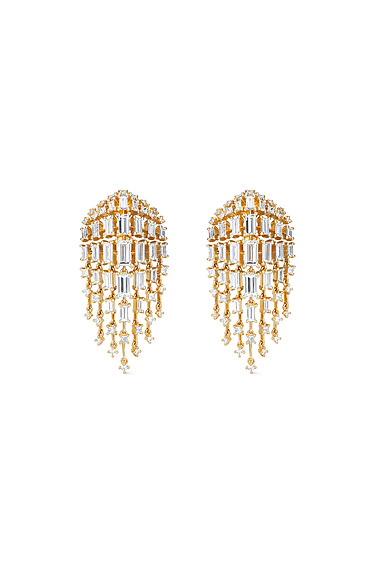 Gold chandelier earrings with rectangular crystals arranged in a cascading design against a white background.