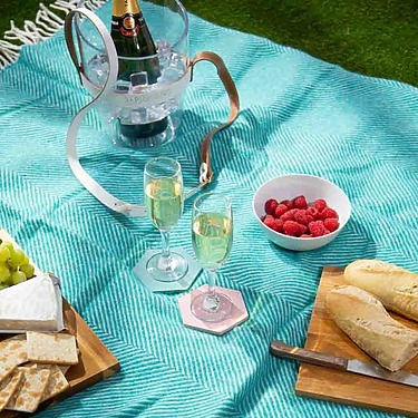 Champagne with glasses on a picnic blanket, surrounded by a bowl of raspberries, grapes, cheese, crackers, and baguettes.