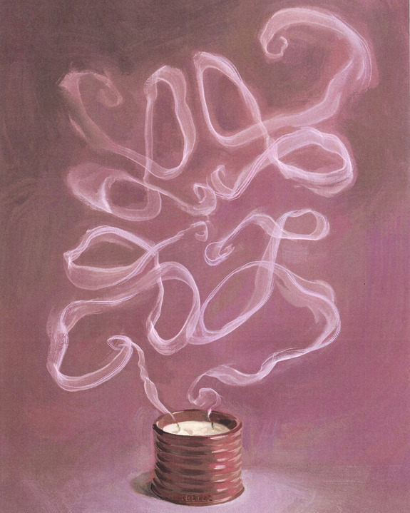 Tin can with swirling smoke spelling out the word "love" against a purple background.