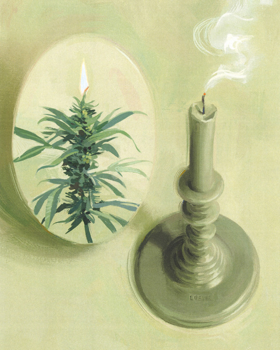 Painting of a smoking candle with a reflection showing a cannabis plant in an oval mirror on a light green background.
